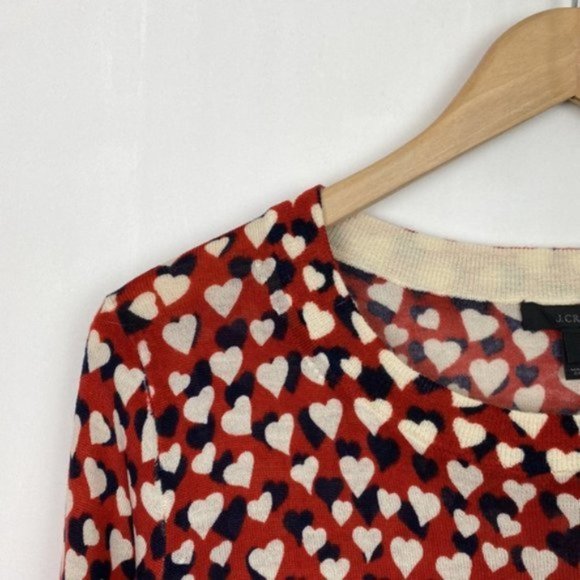 J.Crew S Tippi Printed Hearts Sweater Merino Wool Red Navy Ivory - Picture 3 of 12